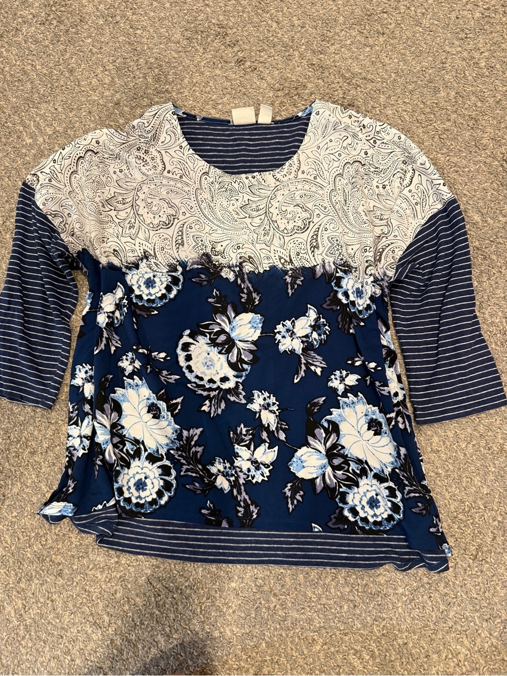 Chico's Plus Size 4 Navy Floral Lace Stripe Blouse Top